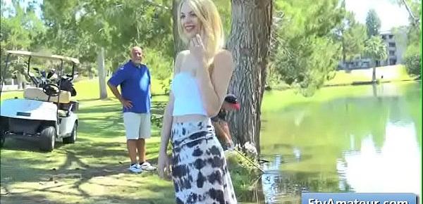  Hot blonde teen amateur Blake flash her nice big boobs on the gold course